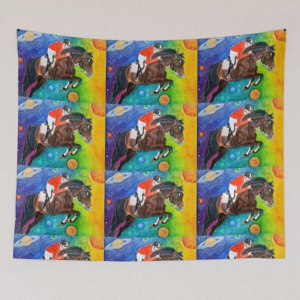 Item preview, Watercolor equestrian painting show jumping planets space designed and sold by horseaddicted.