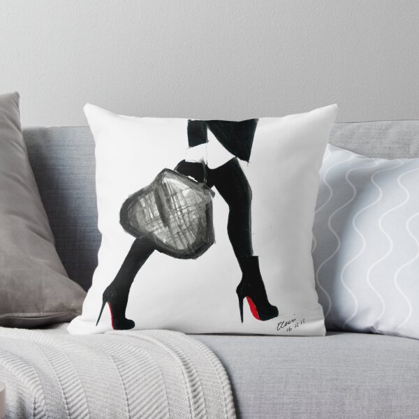 Ilustración de moda de acuarela y tinta titulada I Love Louboutin Cojín
