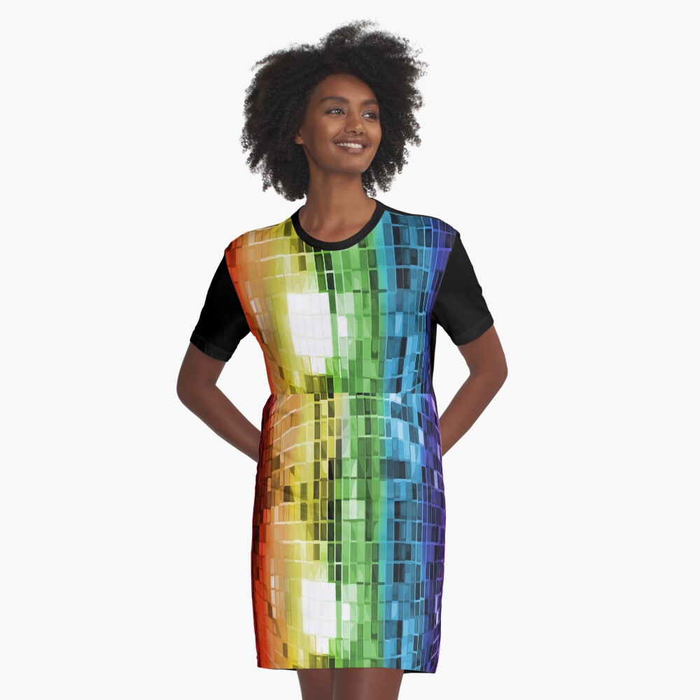 Rainbow Disco Ball Pattern Graphic T-Shirt Dress