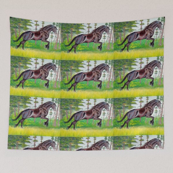 Item preview, Friesian stallion galloping gouache painting designed and sold by horseaddicted.