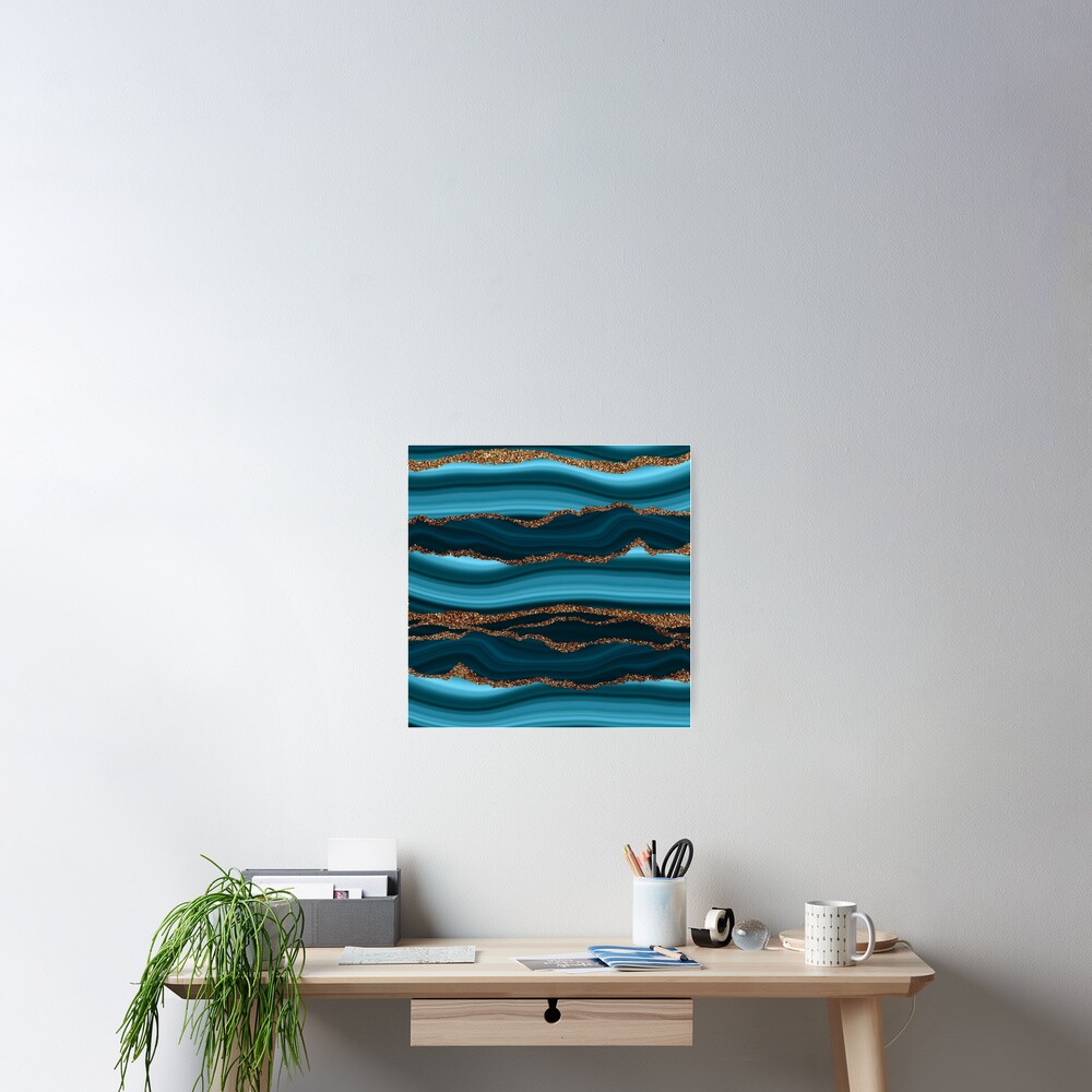 Abstract Teal Blue And Gold Marble Strokes Poster