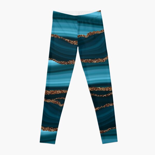 Abstract Teal Blue And Gold Faux Marble Strokes Leggings