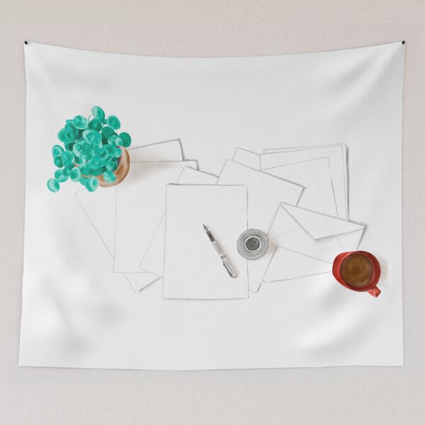 Item preview, Watercolor Illustration of paper, pen, coffee, and plants. designed and sold by iswenyi.