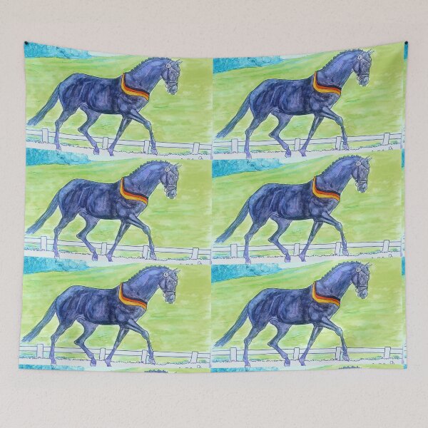 Item preview, Dressage warmblood horse trotting watercolor and ink painting designed and sold by horseaddicted.