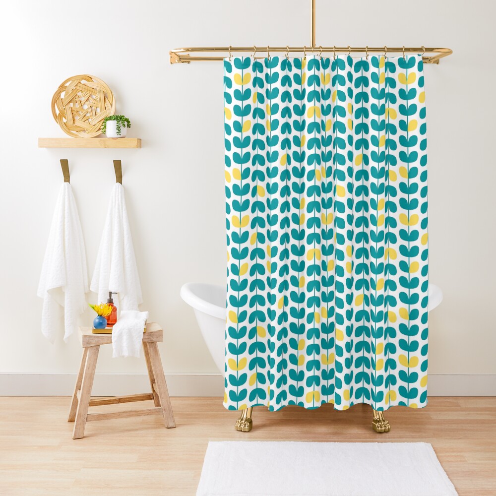 "Scandinavian style blue and yellow leaves pattern" Shower Curtain for