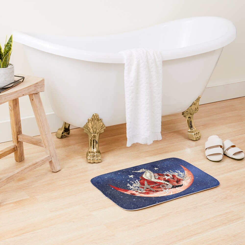 Artsy combo of stary sky, moon and sea horse design Bath Mat