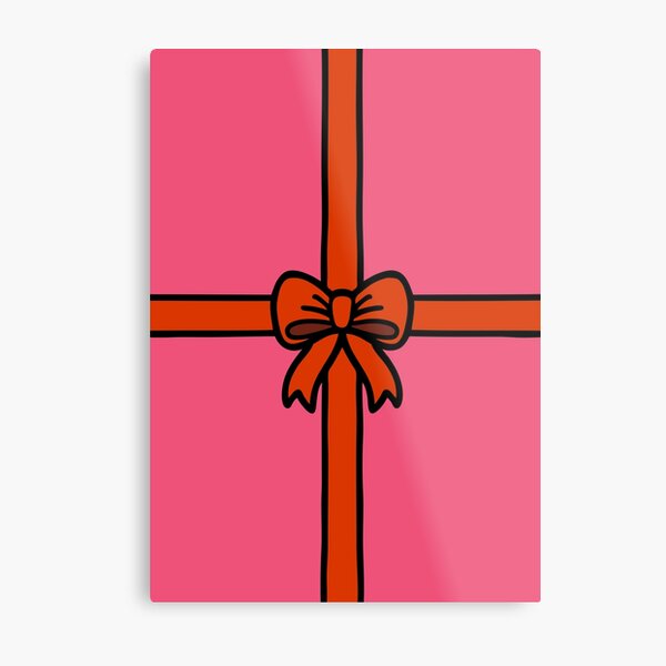 Festive Red Gift Bow on Pink Metal Print
