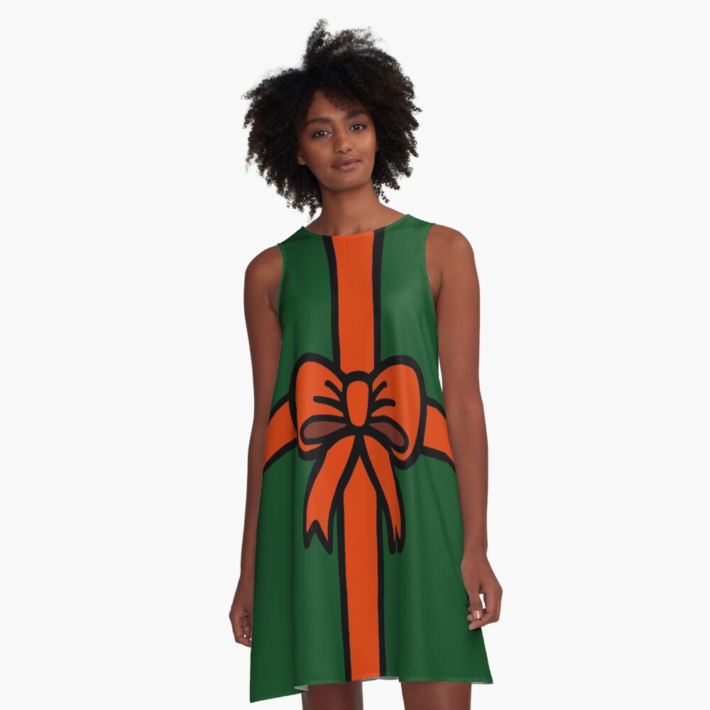 Festive Red Gift Bow on Green A-Line Dress