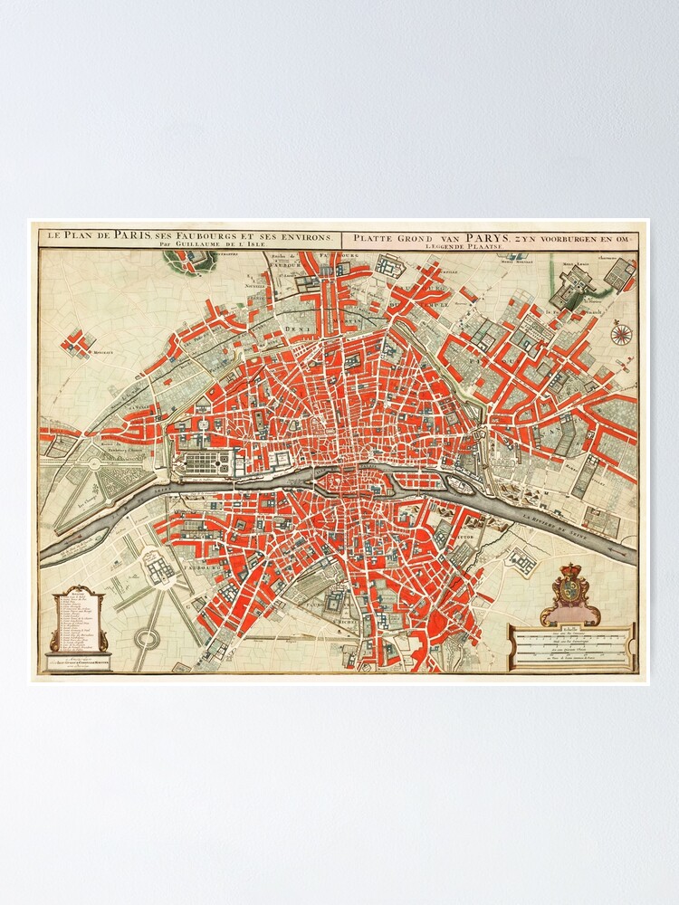 Poster Plan De Paris Banlieue Et Environs 1721 1774 Par Guillaume De Lisle Par Nextstepdesigns Redbubble