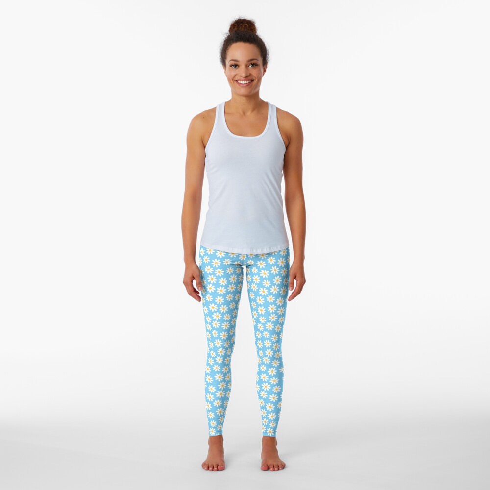 Discover White Daisies on Blue Seamless Pattern Print | Leggings