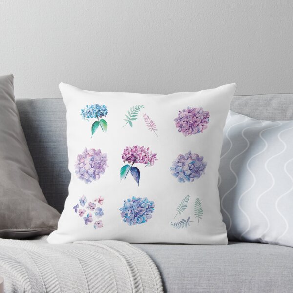 Aperçu de l'œuvre Hortensias, feuilles et fleurs à l'aquarelle rose, violet et bleu créée et vendue par aquaepictura.