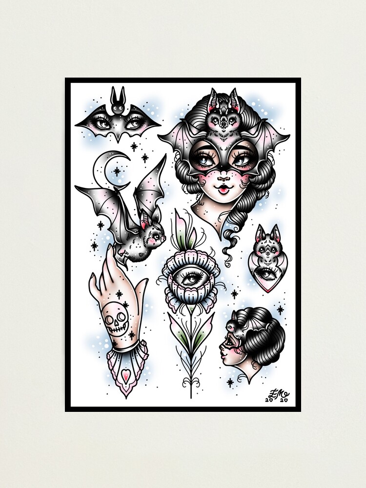 Bat Ladies Cute Vintage Style Traditional Flash Tattoo Bat Ladies Cute Vintage Style Traditional Flash Tattoo