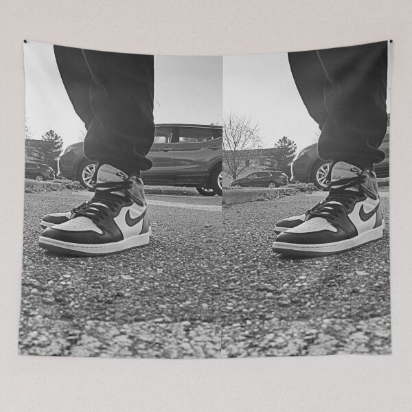 Item preview, AJ 1 Black Toe Sneaks Portrait on Feet Black and White designed and sold by RCPphotography.