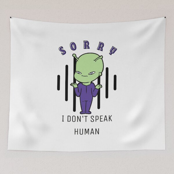 Item preview, Sorry I Don't Speak Human, Cute Tiny Alien, Green Extraterrestrial in a Purple Jumpsuit Shrugging, Sciencefictionart designed and sold by Black11Flamingo.