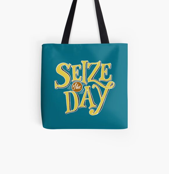 Seize The Day - Yellow Text All Over Print Tote Bag