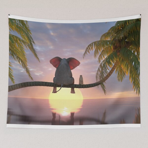 Item preview, elephant and dog sit on a palm tree on the beach designed and sold by Mike Kiev art.