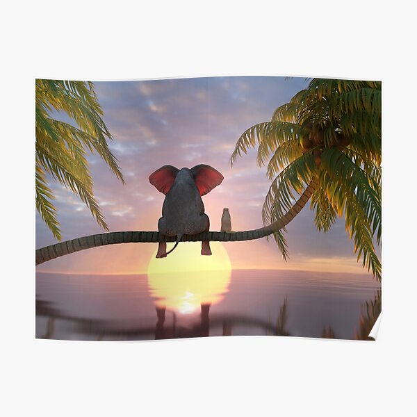 elephant and dog sit on a palm tree on the beach Poster