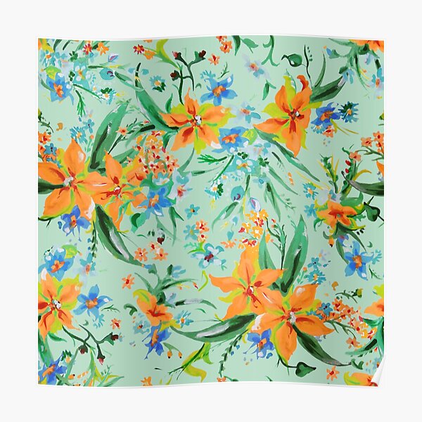 Watercolor tropical yellow and green Flowers Poster
