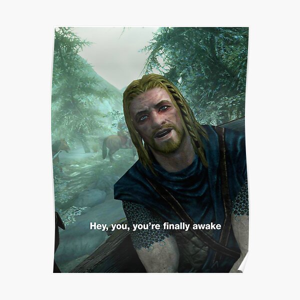 Hey You You Re Finally Awake Skyrim Meme Poster By Blaacklight Redbubble