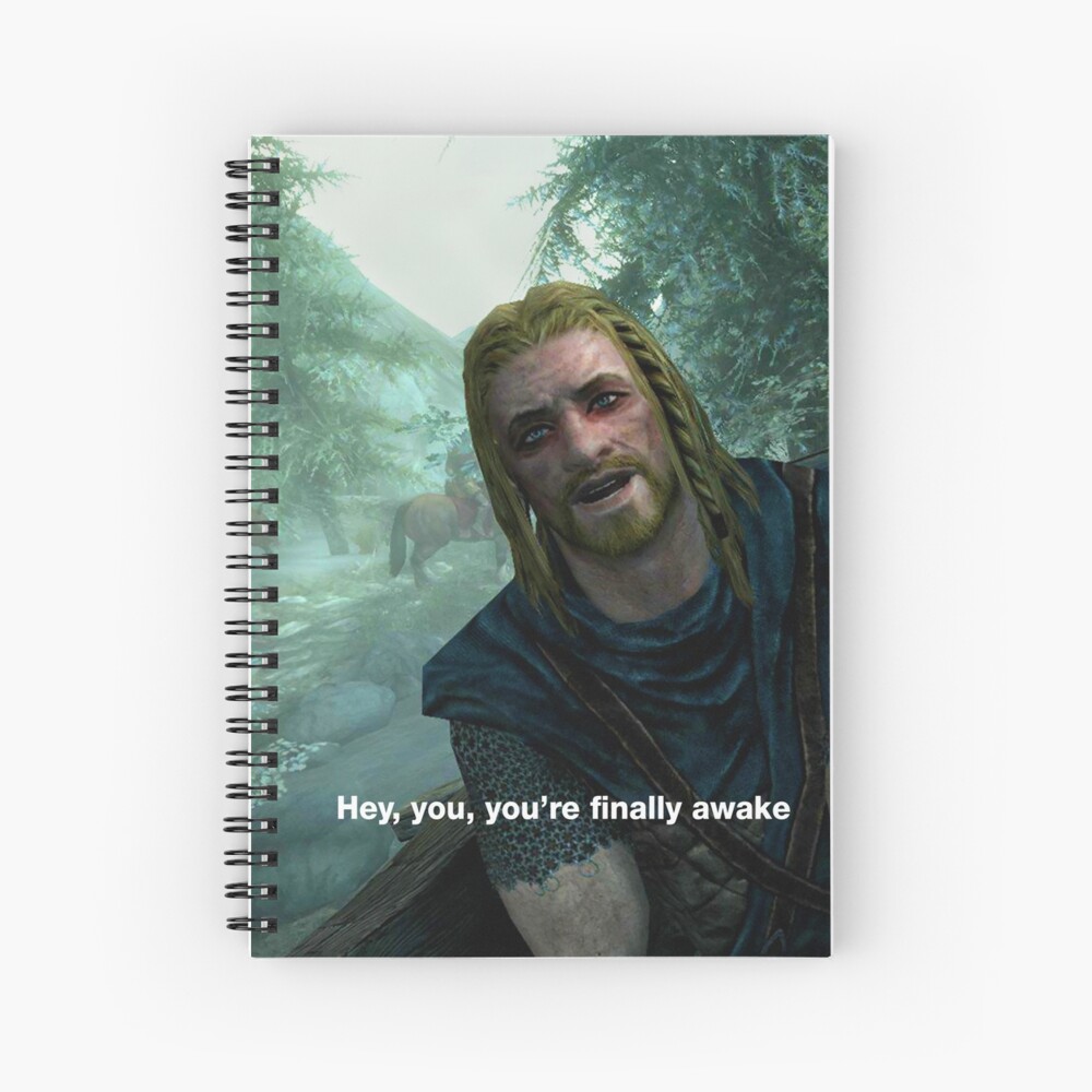 Hey You You Re Finally Awake Skyrim Meme Spiral Notebook By Blaacklight Redbubble