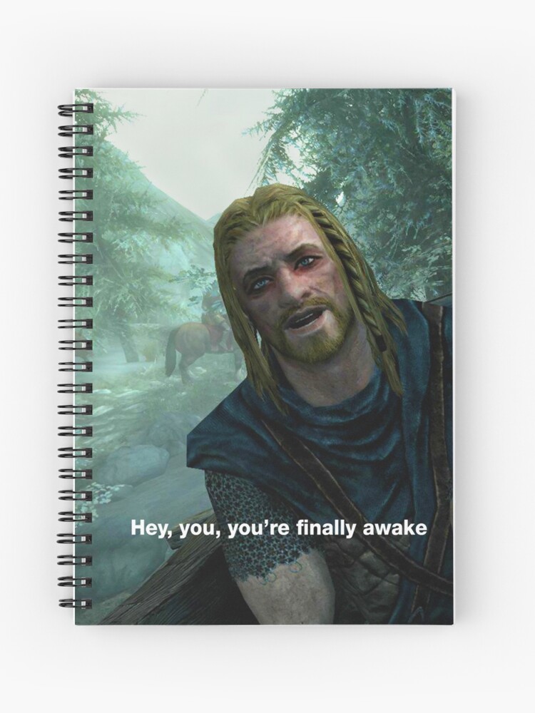 Hey You You Re Finally Awake Skyrim Meme Spiral Notebook By Blaacklight Redbubble