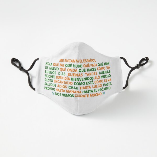 Hello and Goodbye in Spanish, Bold Orange and Green with a Very Light Shadow - Fitted Mask Design by LEAF Project Design - Fitted 3-Layer