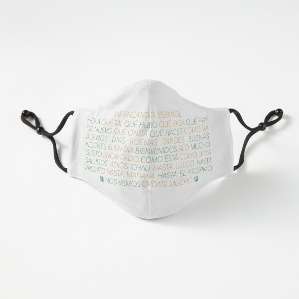 Hello and Goodbye in Spanish, Very Light Italicized Orange and Green with a Very Light Shadow - Fitted Mask Design by LEAF Project Design - Fitted 3-Layer
