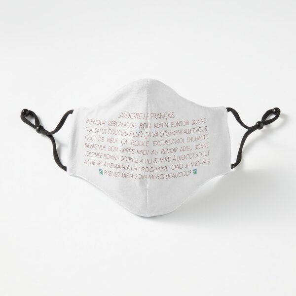 Hello and Goodbye in French, Italicized Red with a Very Light Blue Shadow - Fitted Mask Design by LEAF Project Design - Fitted 3-Layer
