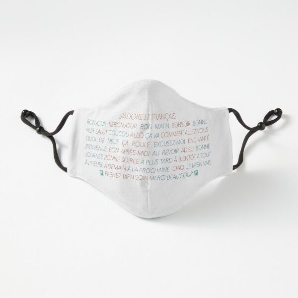 Hello and Goodbye in French, Italicized Red and Blue with a Very Light Grey Shadow - Fitted Mask Design by LEAF Project Design - Fitted 3-Layer