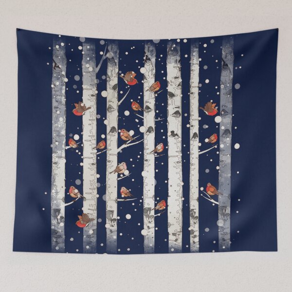 Item preview, Birch trees snow forest and robin bird, this is redbreast in winter forest, perfect for natura lovers designed and sold by Collagedream.
