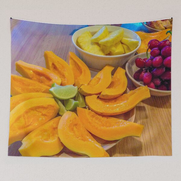 Item preview, Bowl of Fruits on Dining Table Papaya, Pineapple and Grapes designed and sold by cool-merch.