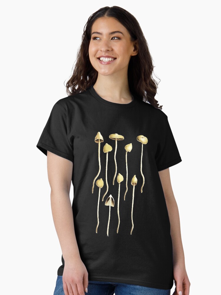 Thumbnail 2 of 7, Classic T-Shirt, Magic Mushrooms, Liberty Caps, Psilocybe Semilanceata, Mycology, Foraging, Toadstool, Fungus, Shrooms, Botanical Illustration, Woodland Fungi, Fairy Shrooms designed and sold by earthengoods.