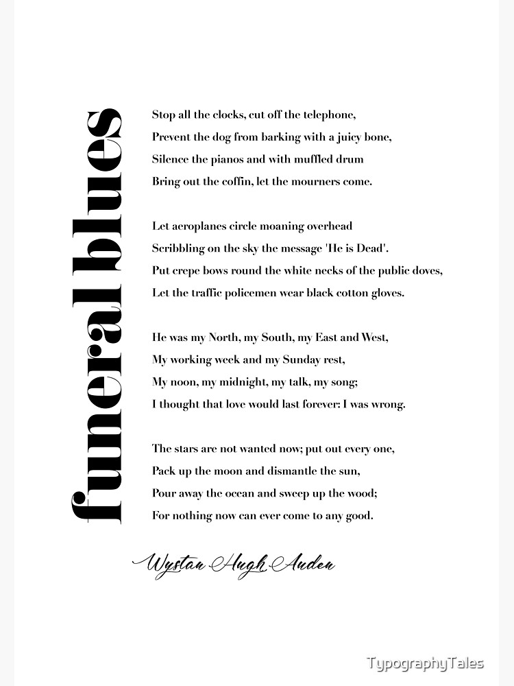 "Funeral Blues by WH Auden" Sticker for Sale by TypographyTales Redbubble