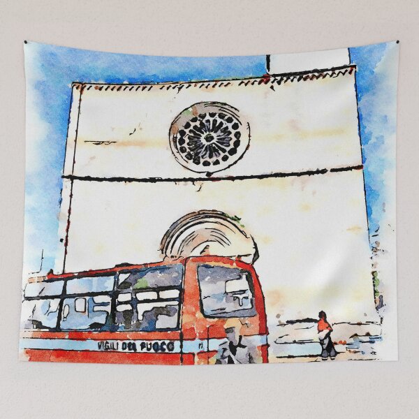 Item preview, L'Aquila: church and red bus designed and sold by Giuseppe Cocco.
