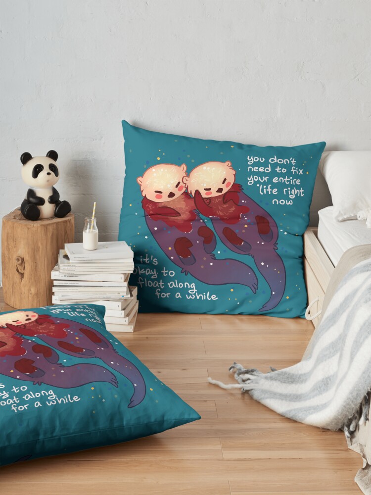 Alternate view of "It's Okay to Float Along For a While" Hand Holding Otters Floor Pillow