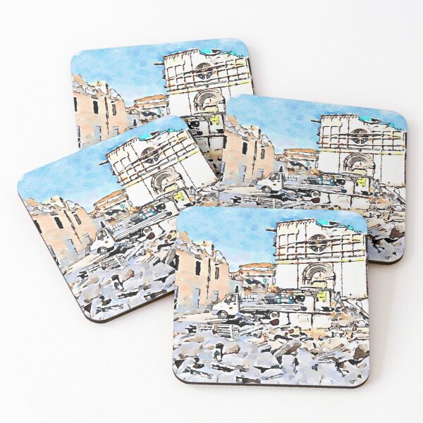 Item preview, L'Aquila: collapsed church and building with fountain truck and rubble designed and sold by Giuseppe Cocco.