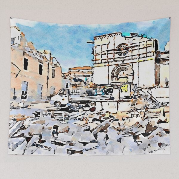 Item preview, L'Aquila: collapsed church and building with fountain truck and rubble designed and sold by Giuseppe Cocco.