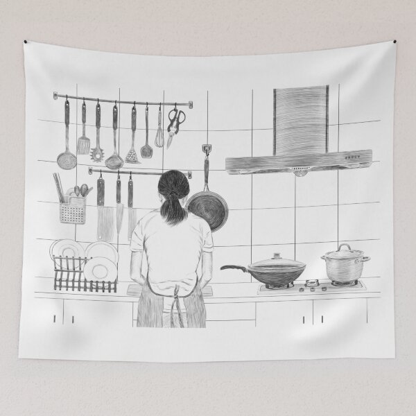 Item preview, Illustration of a girl doing housework and preparing food for dinner in kitchen designed and sold by iswenyi.