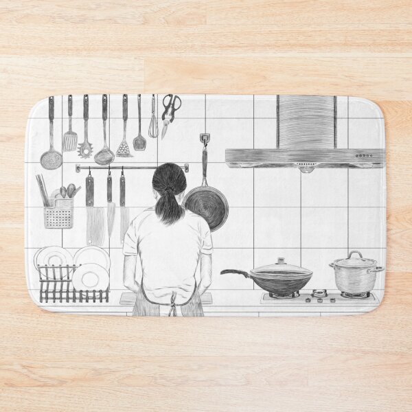 Item preview, Illustration of a girl doing housework and preparing food for dinner in kitchen designed and sold by iswenyi.