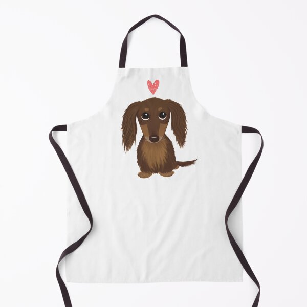 Longhaired Chocolate Dachshund | Cute Wiener Dog with Heart Apron