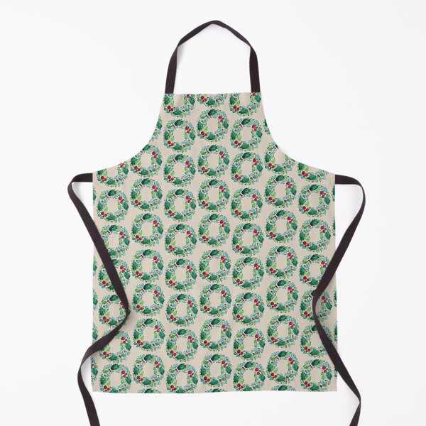 Tan Background Holly Wreath Pattern Apron