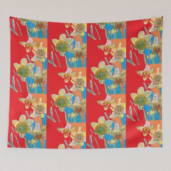 Item preview, Abstract Yellow Daffodil Watercolor Pattern on Red, Orange and Blue designed and sold by Sarah  Rajkotwala.