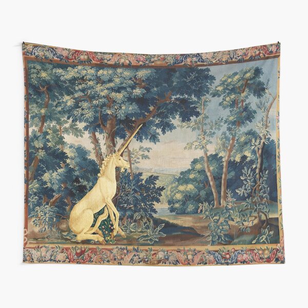 UNICORN IN WOODLAND LANDSCAPE AMONG GREENERY AND TREES  Tapestry