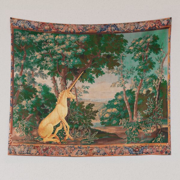 Item preview, UNICORN IN WOODLAND LANDSCAPE AMONG GREENERY AND TREES  Pink Green Hues designed and sold by BulganLumini.