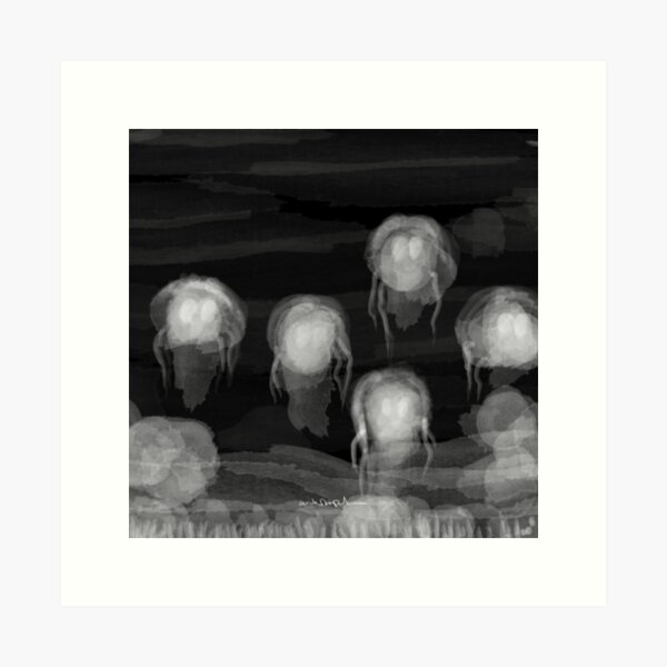 WHITE - Jellyfish-like small translucent creatures floating in the fog Art Print