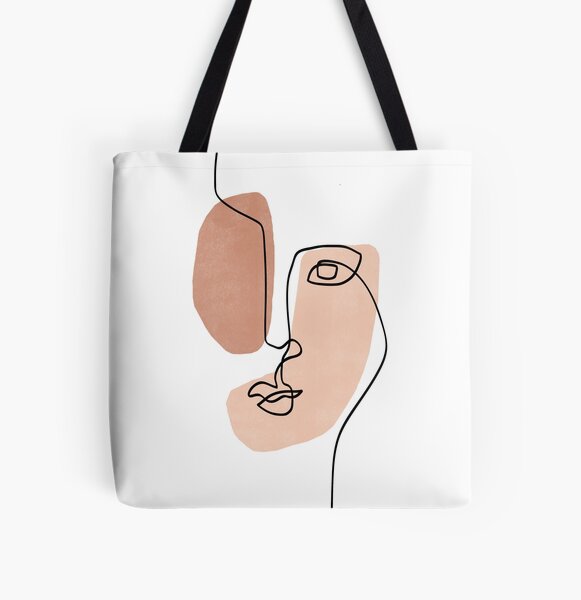 Outfit Bits, Bags, Boho Peach Abstract Face Line Art Tote