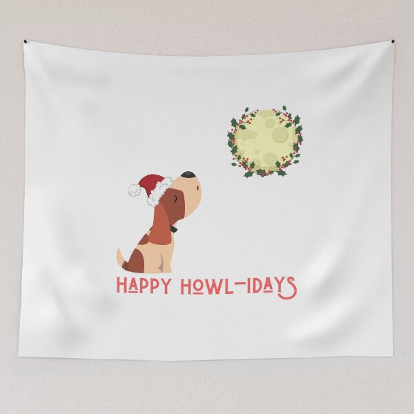 Item preview, Happy Howlidays - Adorable Christmas Pun with Cute Dog Howling to a Moon Wreath designed and sold by Irelene.