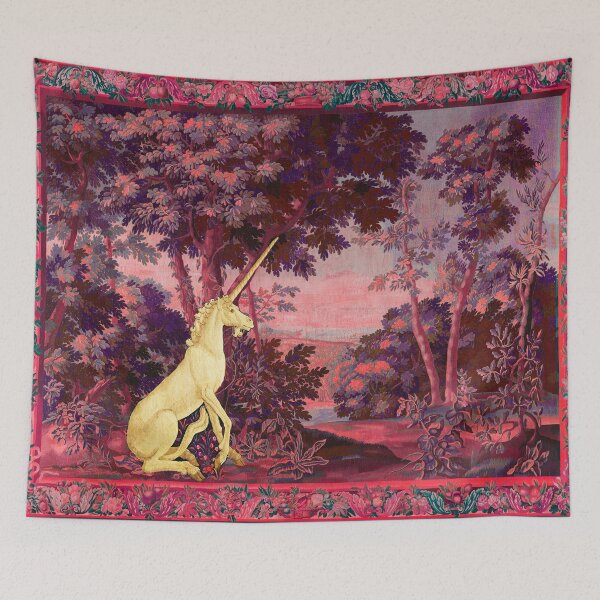 Item preview, UNICORN IN WOODLAND SUNSET LANDSCAPE AMONG GREENERY AND TREES in Pink Blue Hues designed and sold by BulganLumini.