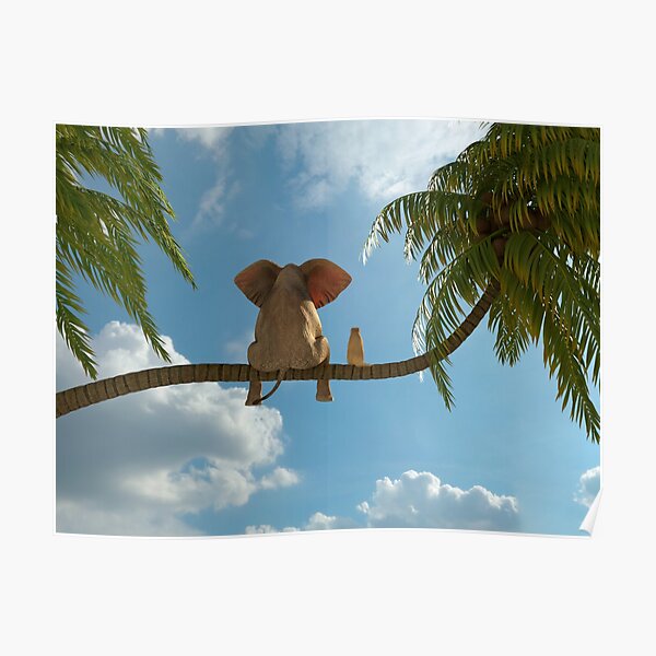 elephant and dog sit on a palm tree Poster