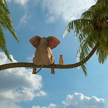 Artwork thumbnail, elephant and dog sit on a palm tree by Mike Kiev art